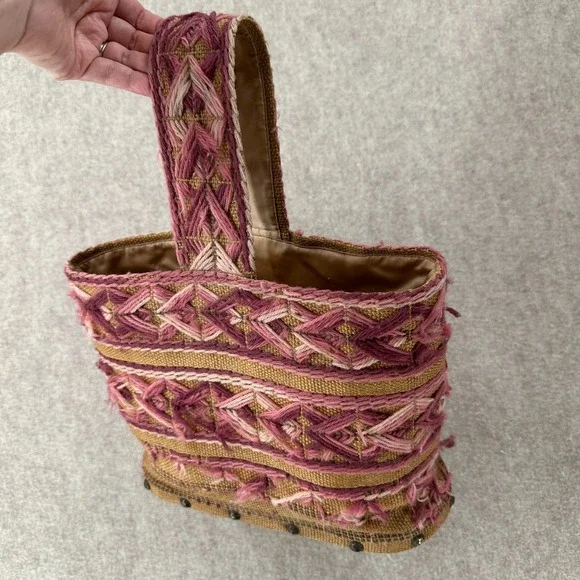 VTG Handmade Burlap Yarn Embroidered Tote Bag Geometric Stitched Pink Brown Boho - Picture 16 of 16